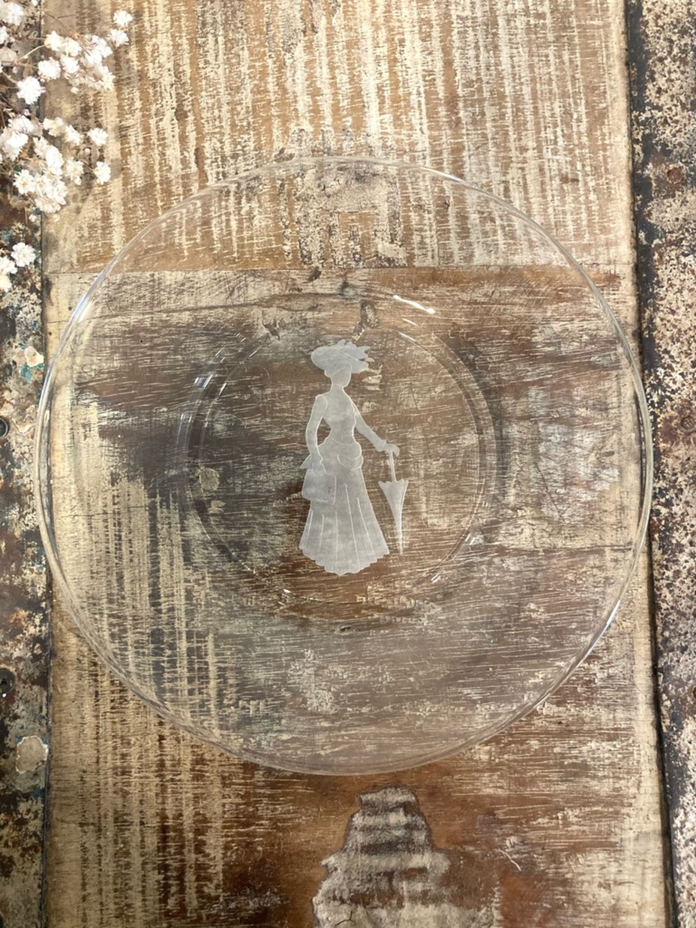 Clear Glass Plate with Etched Victorian Lady Design Vintage Avon Collectible ‘71